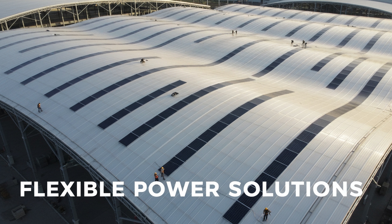 Lightweight PV modules installed on a curved commercial roof showing flexible solar power solutions for low load buildings